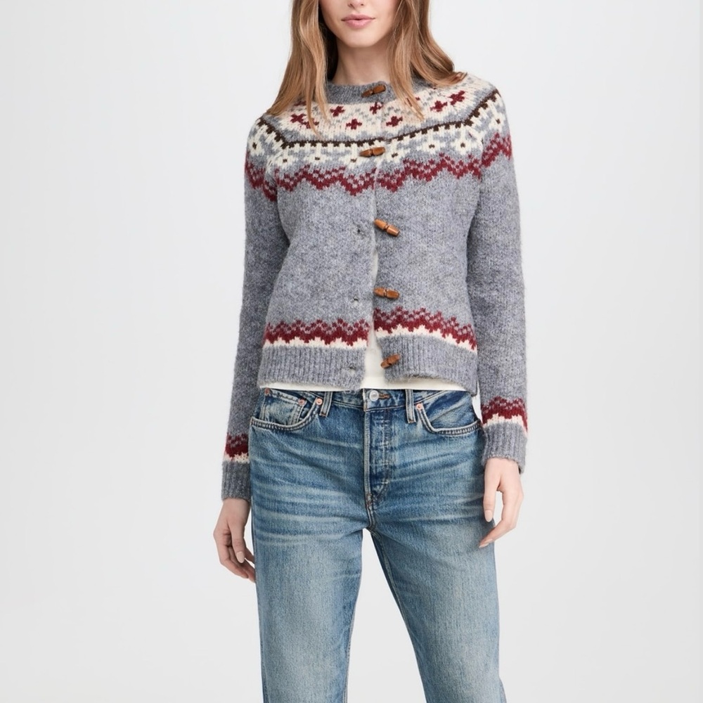 Line and Dot Brennan Gray + Red wooden toggle button fair isle cardigan.Size M